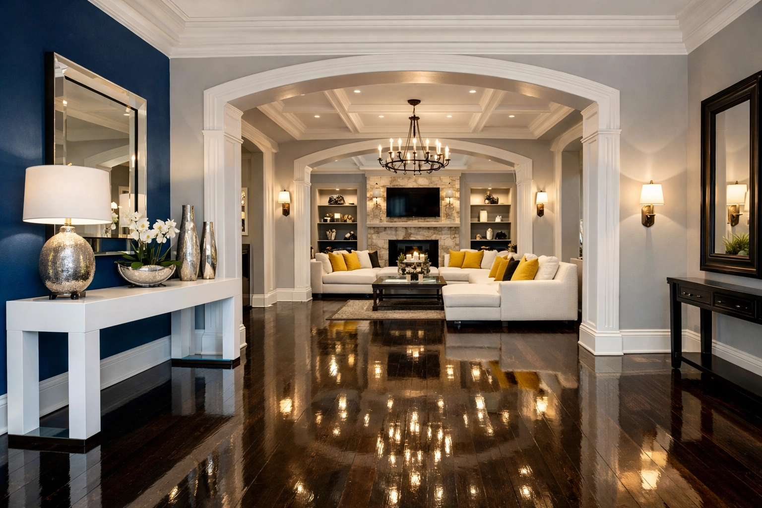 Highly polished hardwood floors in a modern entryway, demonstrating a guest-ready home after professional cleaning.