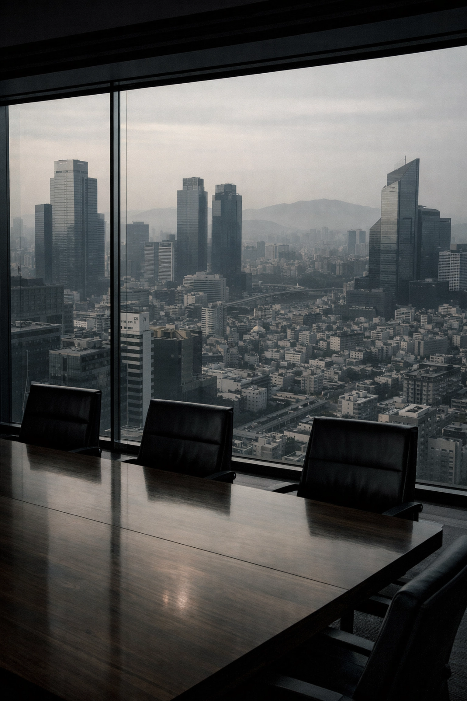 Strategic boardroom view of the Seoul skyline, symbolizing a South Korea market entry plan for brands.