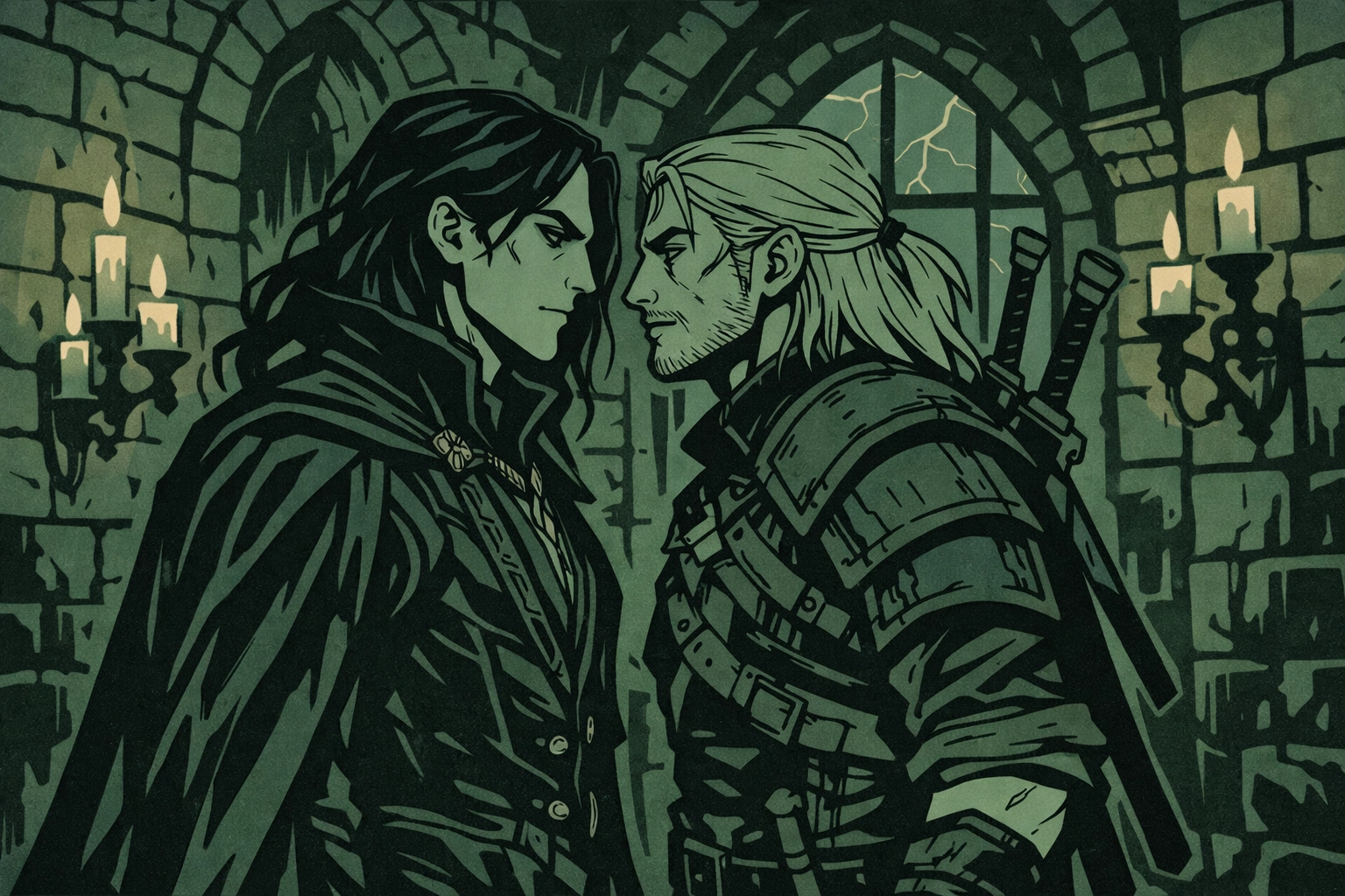 Vampire prince and witcher face off in gothic castle - MM fantasy romance confrontation