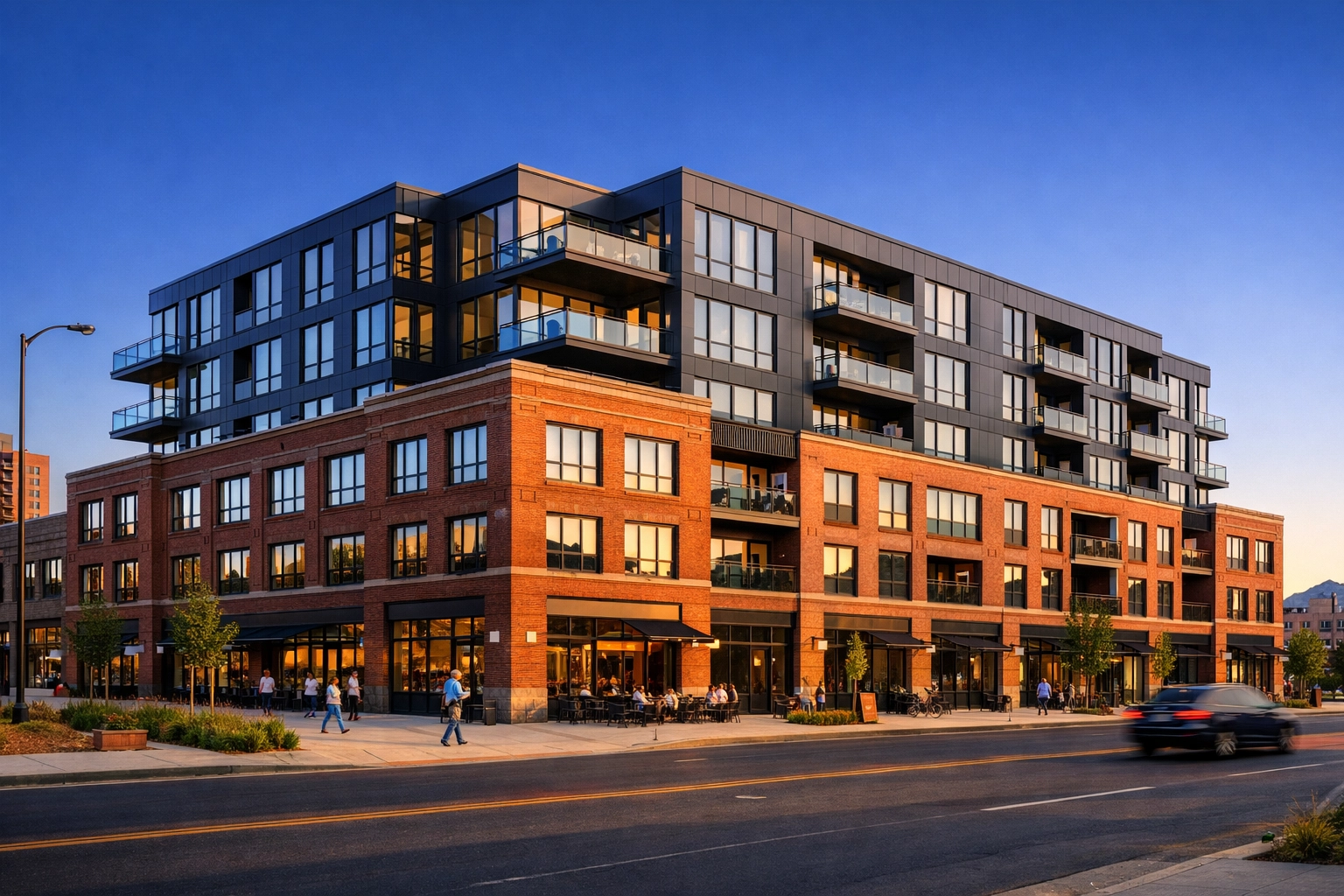 Modern multifamily apartment redevelopment on Broadway in Denver showing urban growth and density.