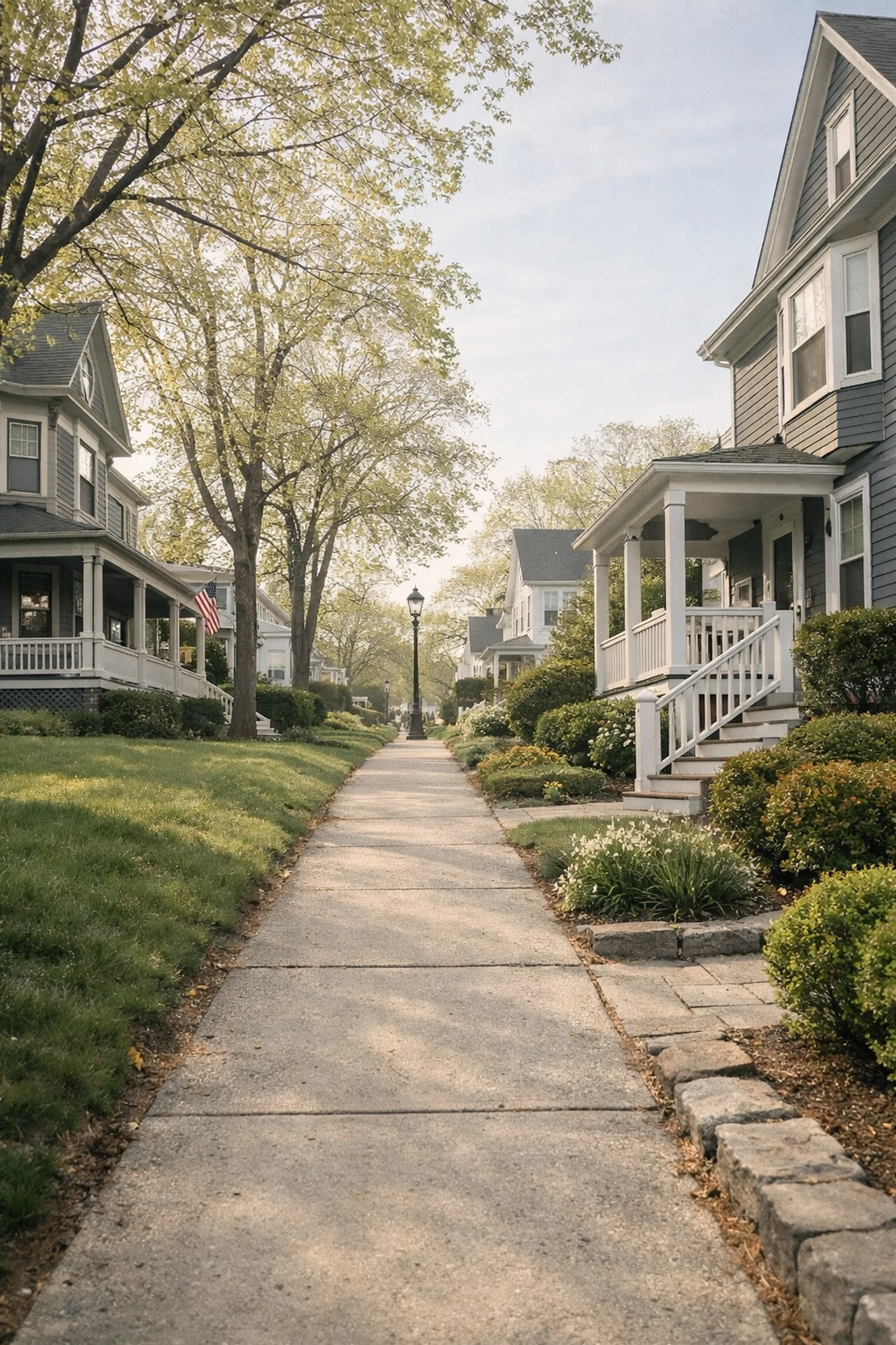 A quiet residential neighborhood in Melrose MA featuring historic Victorian and Colonial single-family homes.