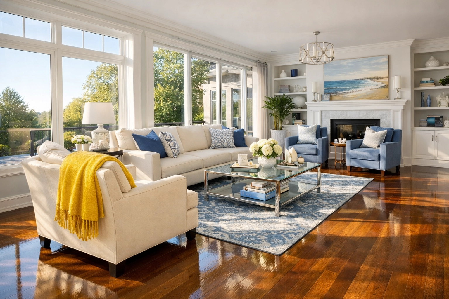 Sun-drenched living room with clean hardwood floors after weekly house cleaning in Leominster MA.
