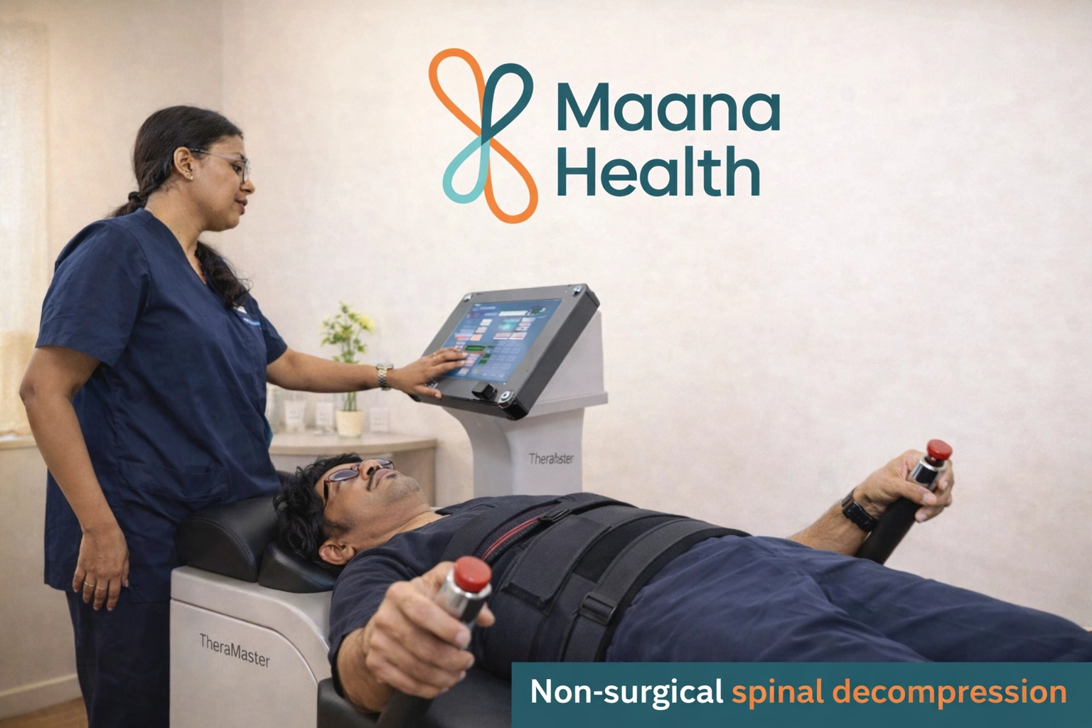 A Maana Health specialist operates the Thera Master device for non-surgical spinal decompression therapy, targeting spinal wellness and promoting disc healing without surgery.