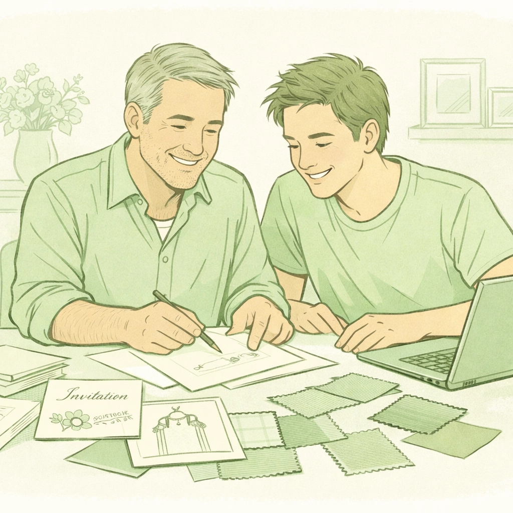 Father and son planning gay wedding together - intergenerational LGBTQ+ family love