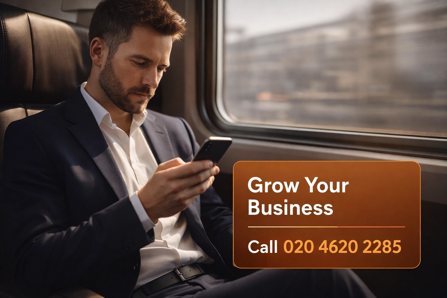 Bold minimal lifestyle image of a person using their phone in transit with a clean background.