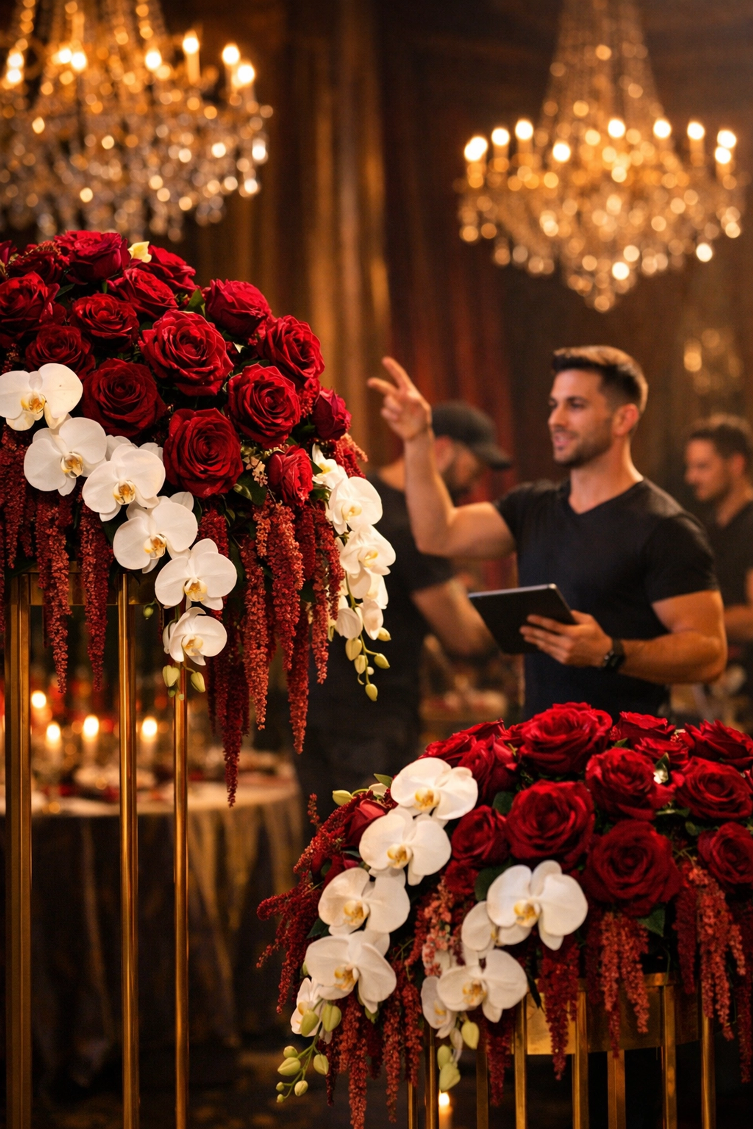 Gay florist preparing dramatic rose and orchid arrangements for ballroom gala