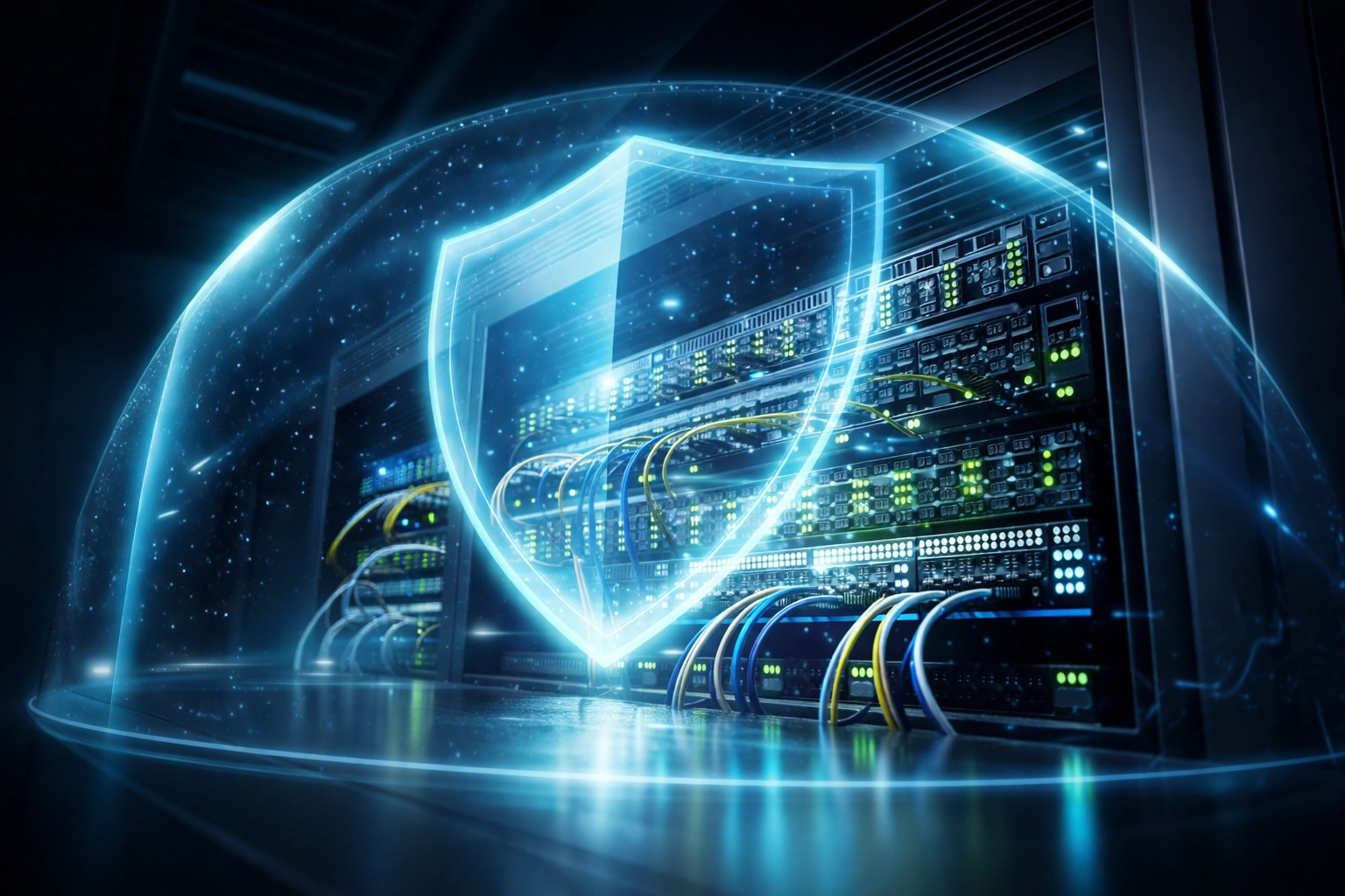 Modern small business server room with digital security shield representing strong IT protection