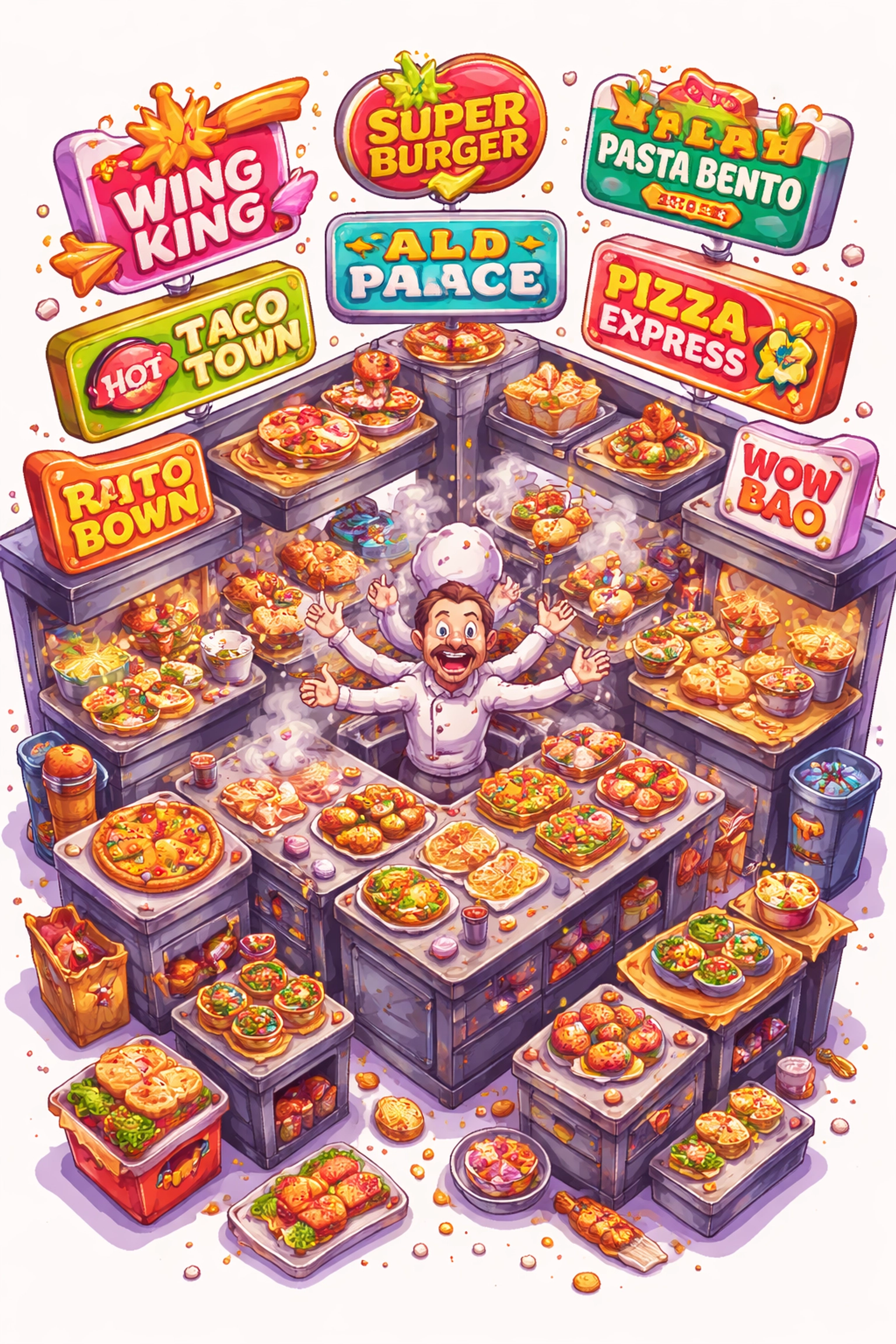 A busy kitchen overwhelmed by multiple food brands, illustrating ghost kitchen menu chaos and delivery challenges.