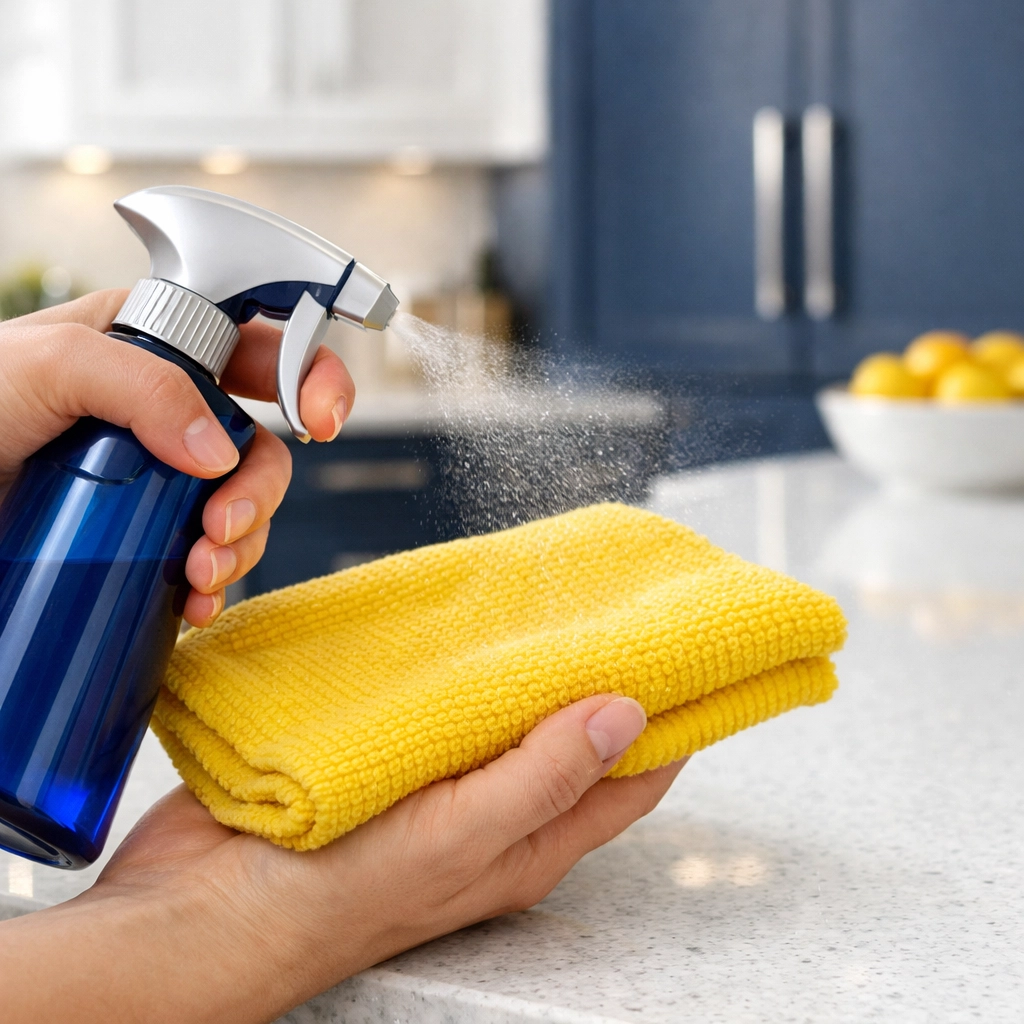 Close-up of a hand spraying a yellow microfiber cloth for professional house cleaning in Townsend MA.