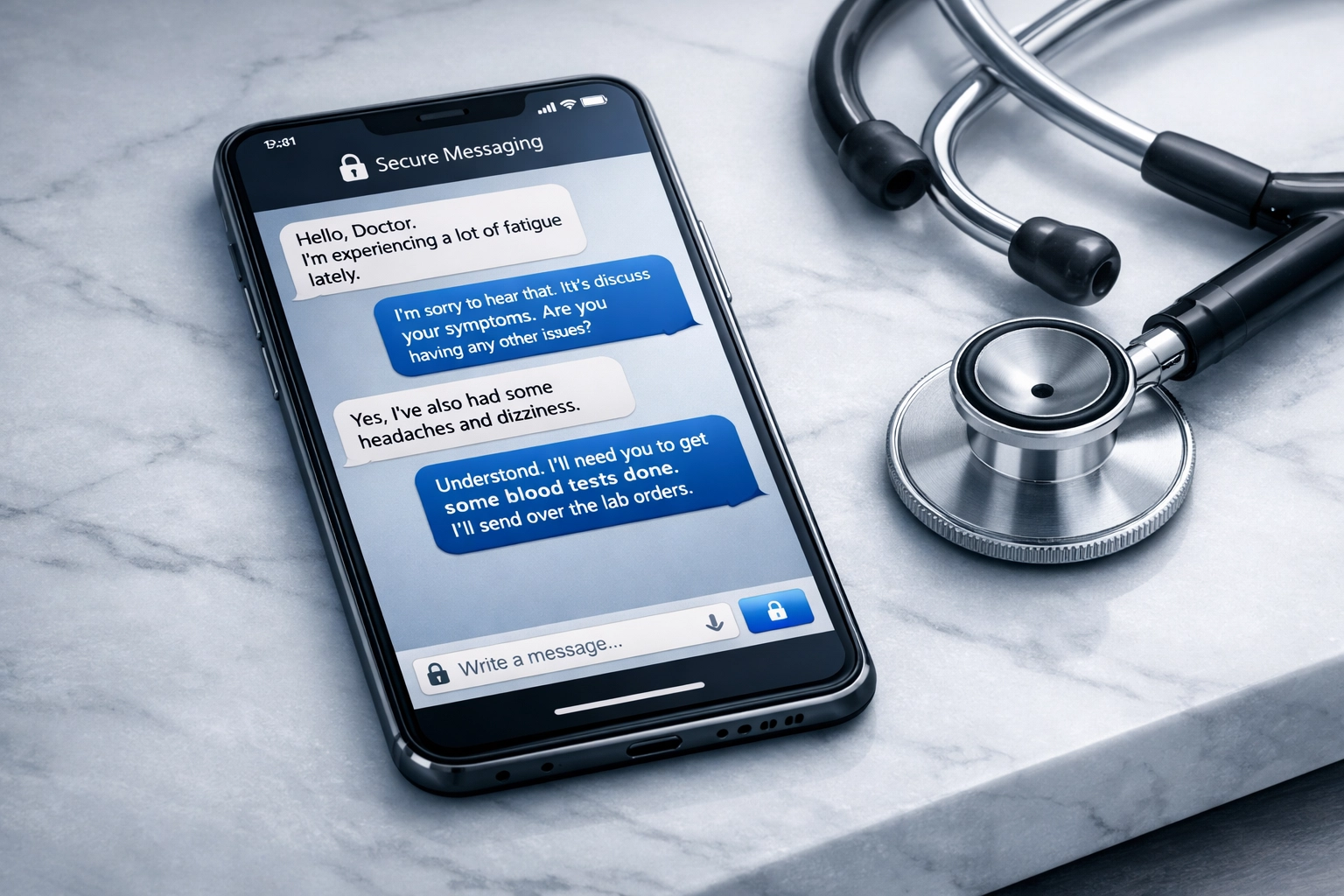Secure medical chat on a smartphone next to a stethoscope for easy online weight loss prescriptions.