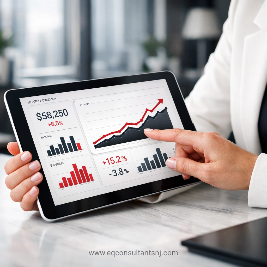 Professional analyzing an automated QuickBooks dashboard with real-time financial growth charts on a tablet.