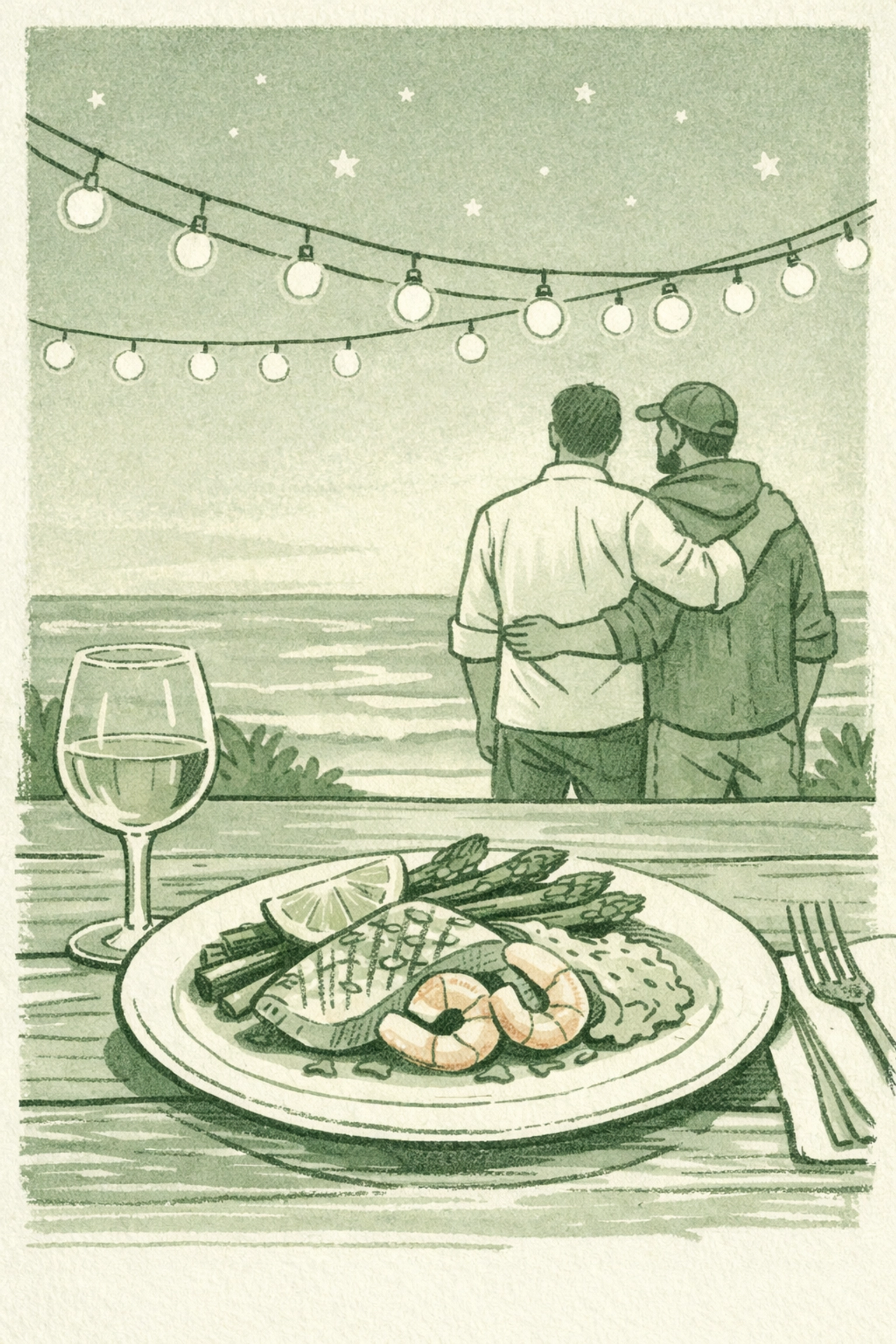 Romantic outdoor dining scene with chef and fisherman under stars