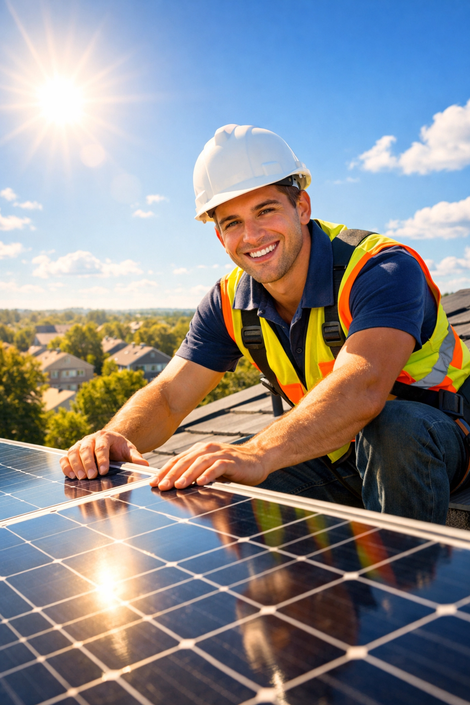 Solar panel technician installing panels on a rooftop, a growing green energy STEM career