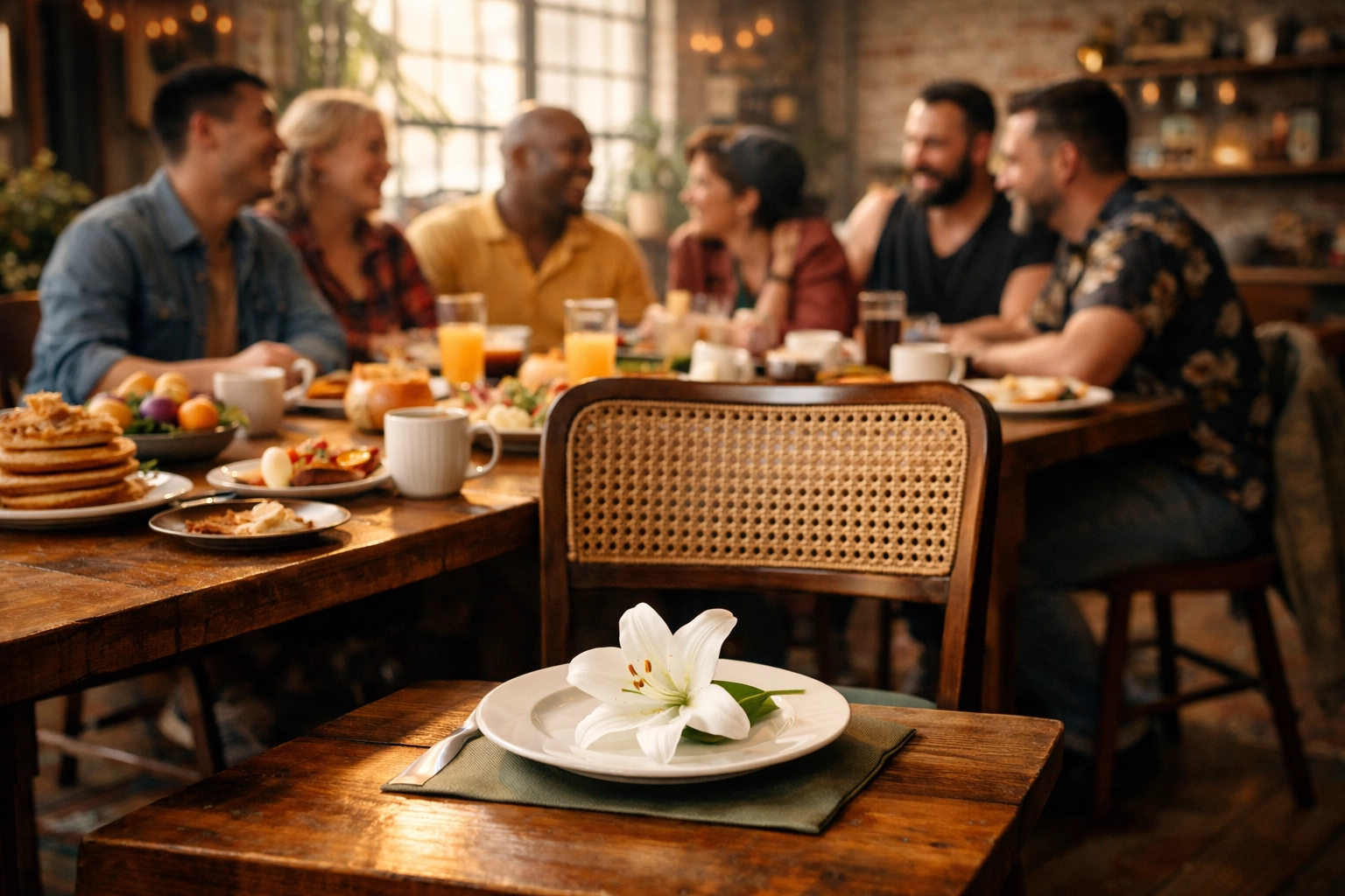 LGBTQ+ chosen family gathering for a 90s Easter brunch, with an empty chair and lily for remembrance.