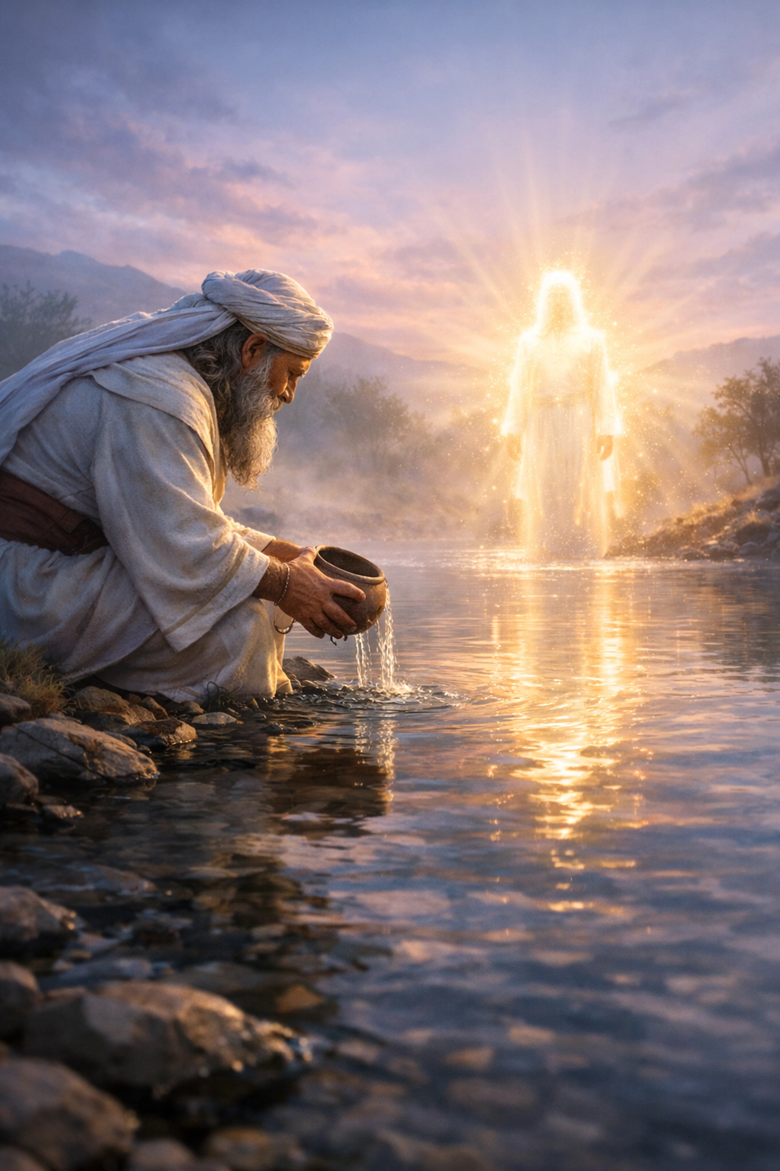 Prophet Zarathustra receiving a spiritual vision of Ahura Mazda by a river at dawn.