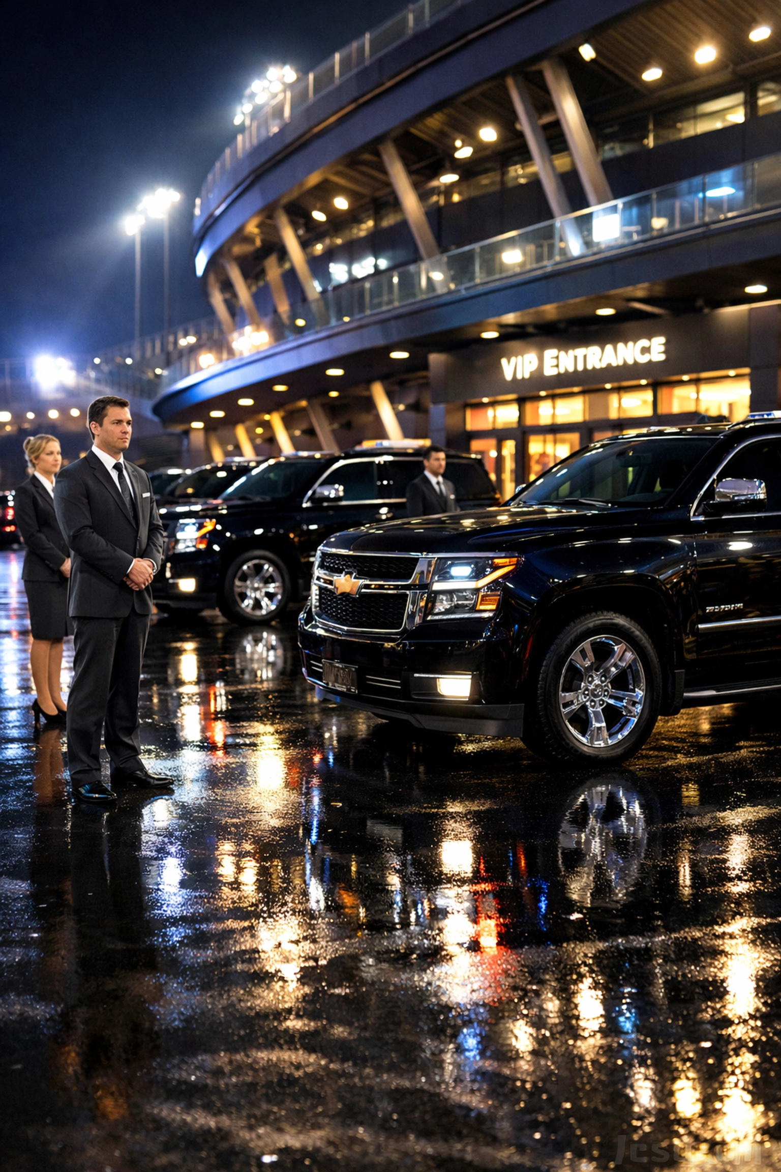 The Proven Super Bowl Corporate Branding Framework: Turn Game Day Into Year-Round Revenue Luxury SUVs and concierge staff providing VIP transport for Super Bowl executive hosting.