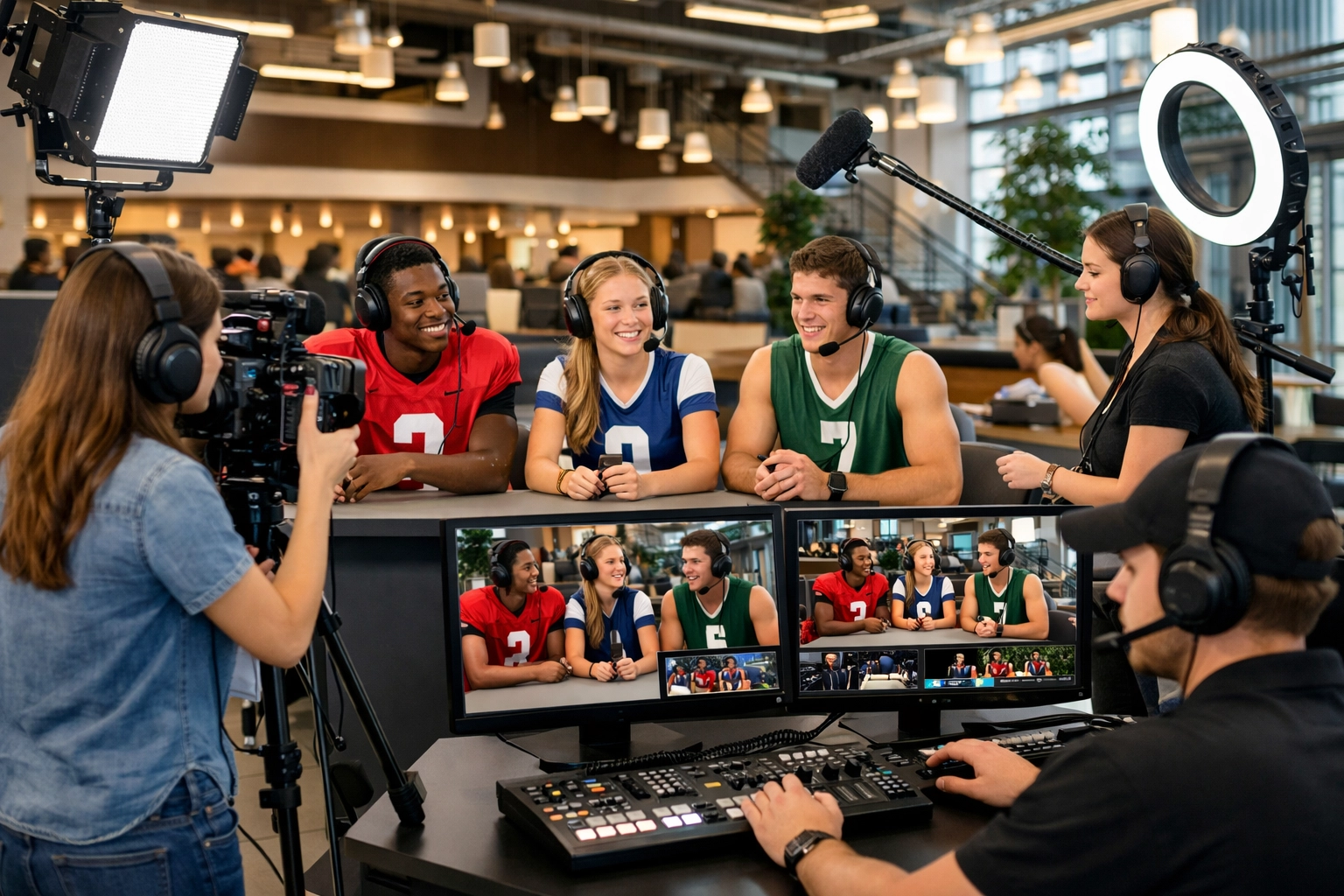 Student-athletes producing content with communications students in NIL talent development studio