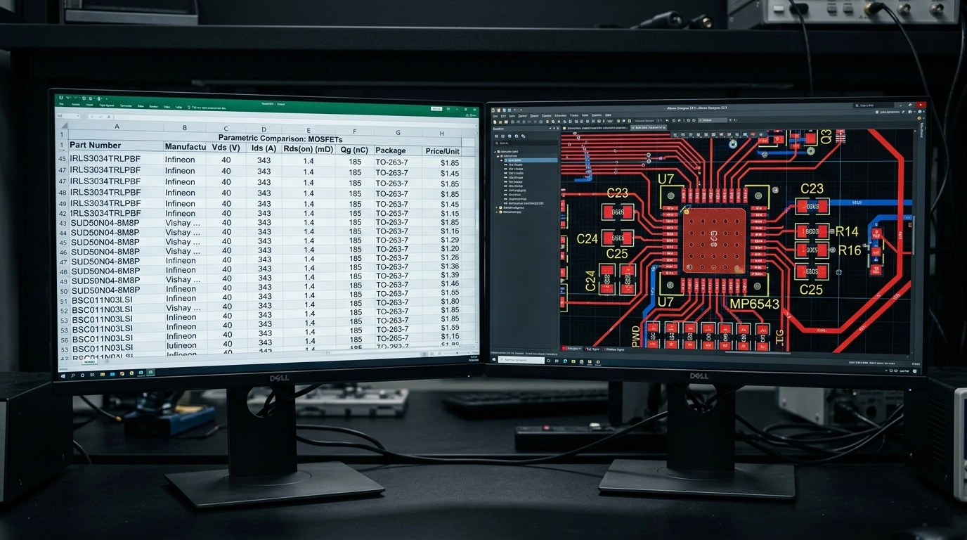 Close-up of a computer monitor showing a dense parametric component comparison table next to a PCB CAD window