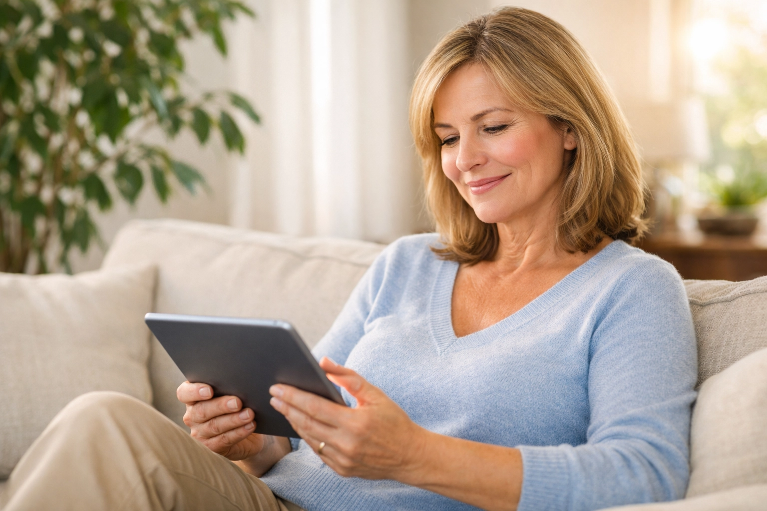 A woman in California using a tablet for an online medical weight loss assessment.
