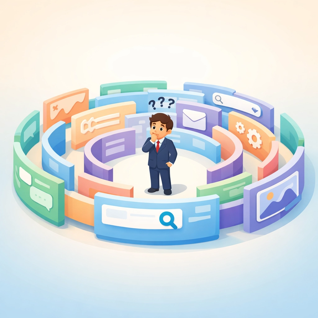 Confused business owner surrounded by multiple disconnected business apps and software tools