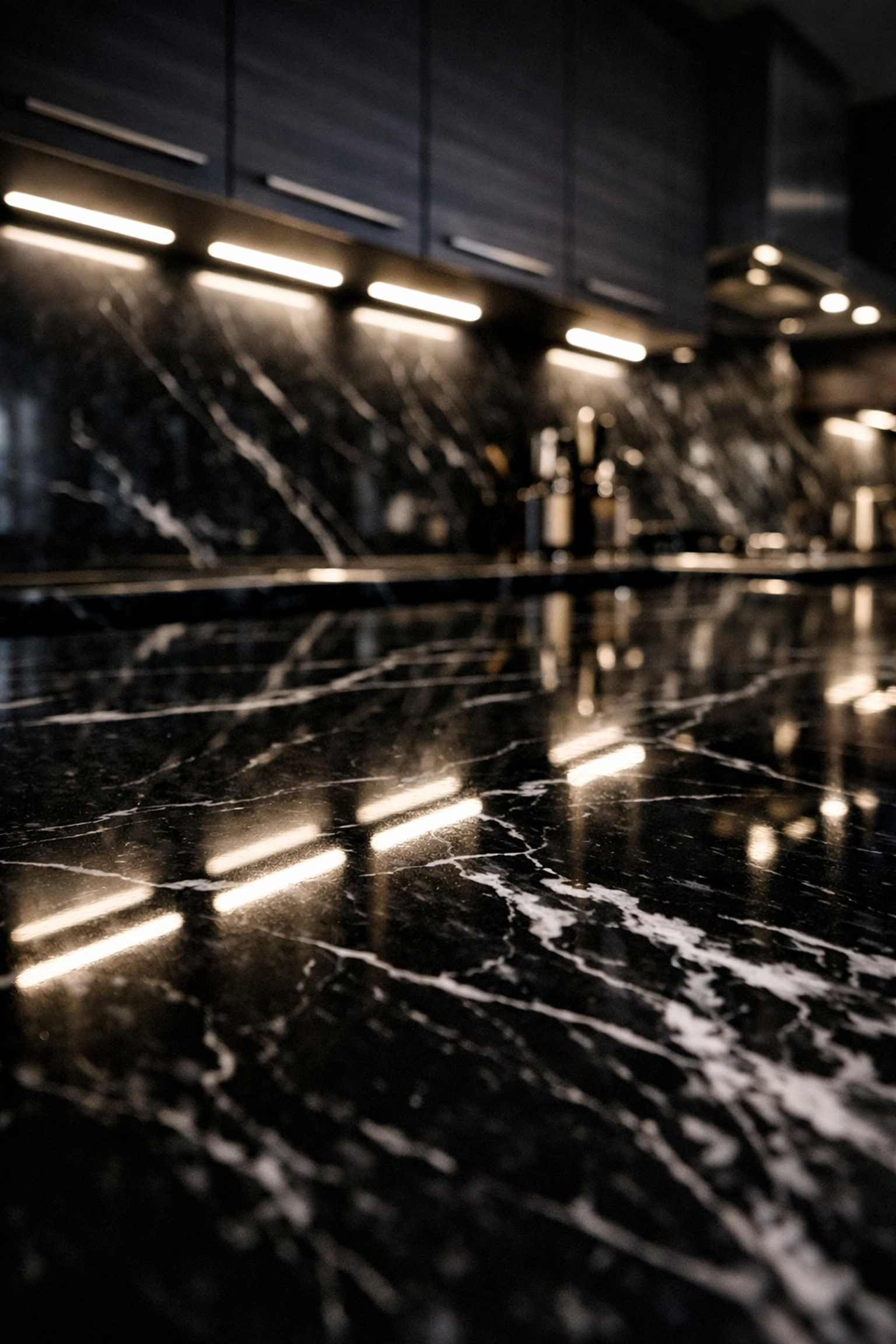 Éclairage sous les armoires calibré sur un comptoir en marbre noir poli pour éviter l'éblouissement.