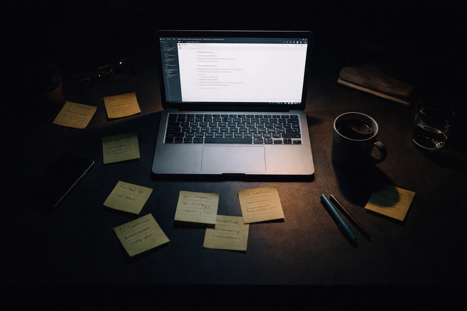 Startup founder's late-night workspace with laptop and notes, representing solo outbound sales research