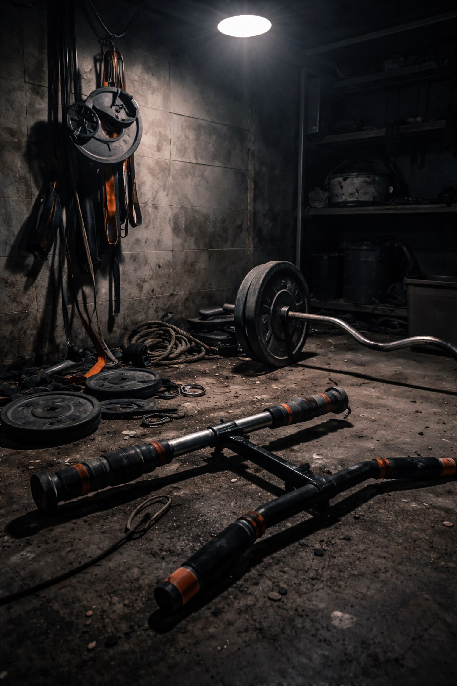 Abandoned and broken home gym equipment in a dark garage, showing why durable gear is essential for safe resistance training.