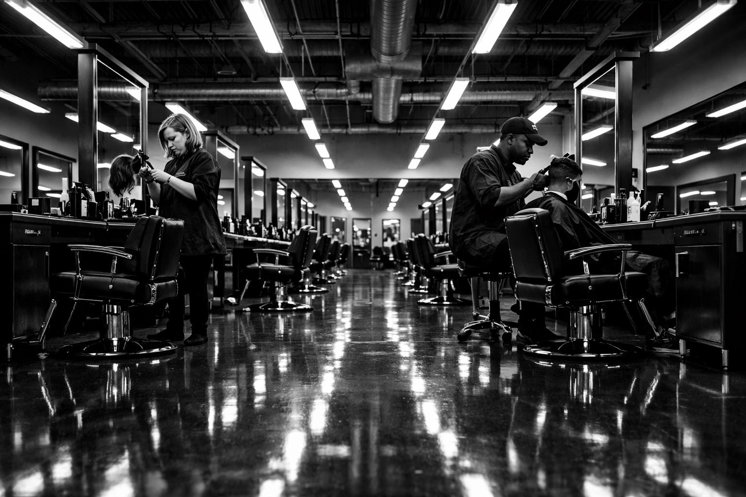 Spacious and modern barber school training floor with student stations in Middletown, Ohio.