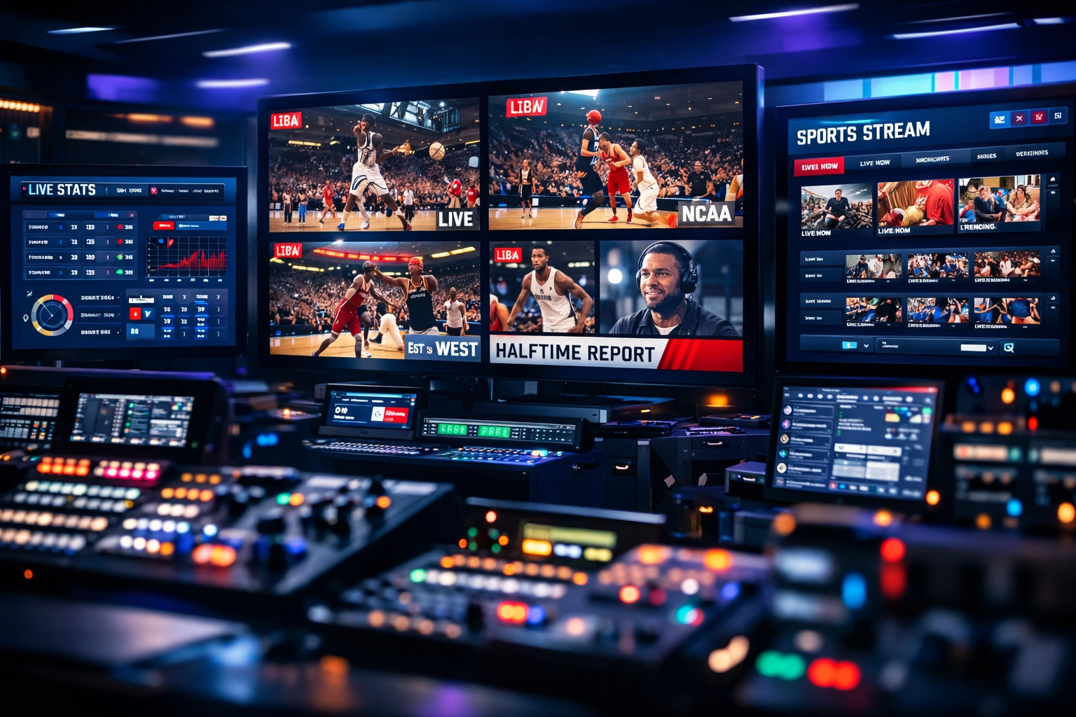 Sports broadcasting control room with multiple screens showing live games and streaming platforms