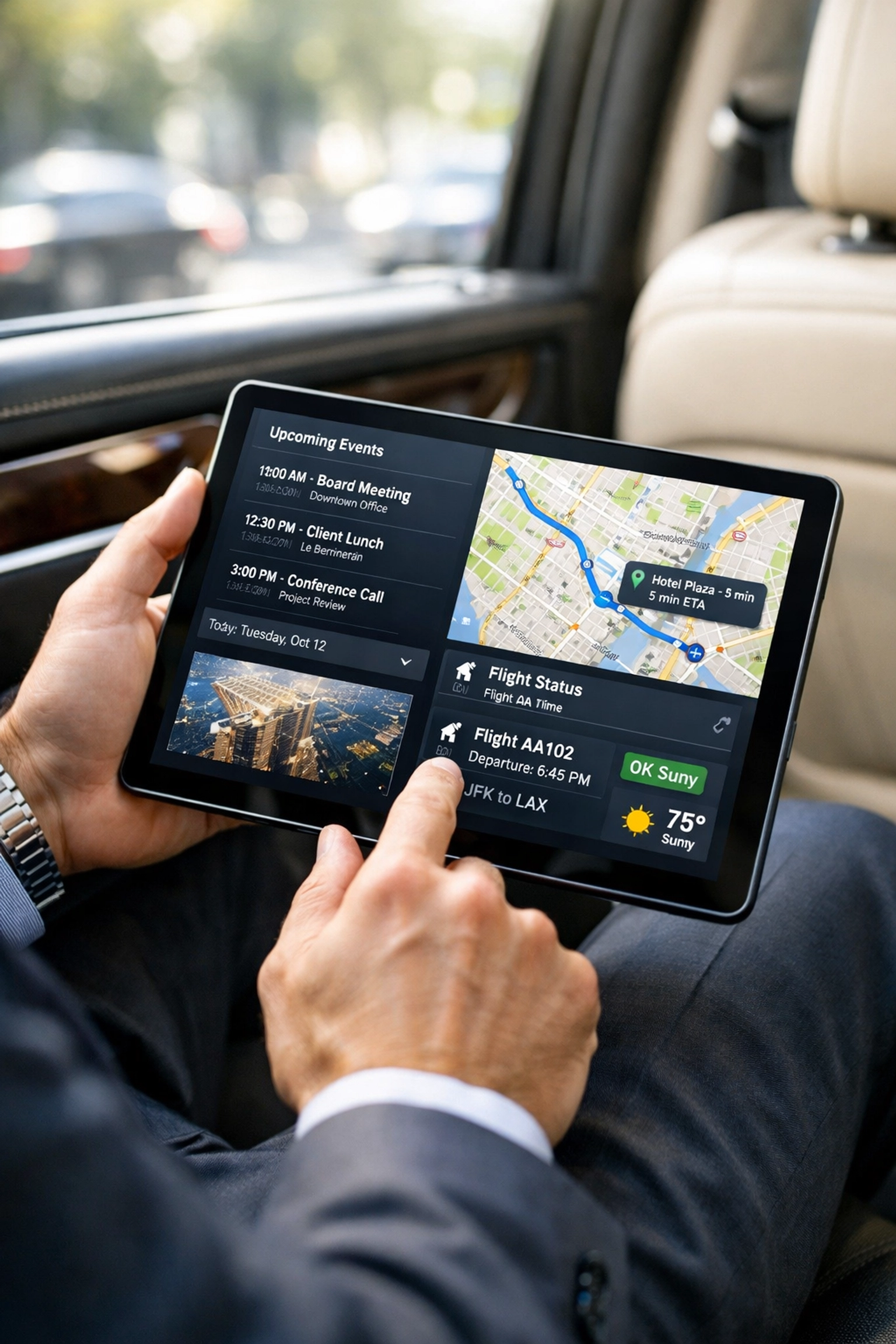Executive viewing integrated Super Bowl travel dashboard on mobile device in luxury vehicle