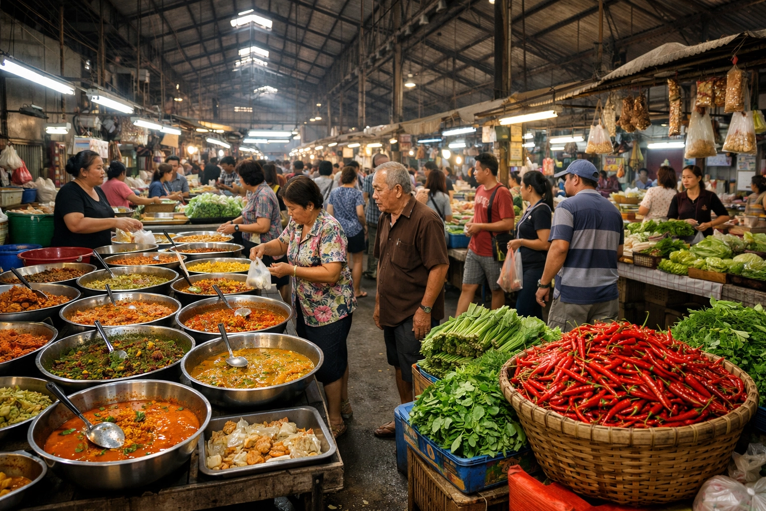 The Ultimate Guide to Bangkok Budget Travel Food: Everything You Need to Eat Like a Local 2 Traditional khao gaeng stalls with colorful curries at Sriyan Market in Bangkok.