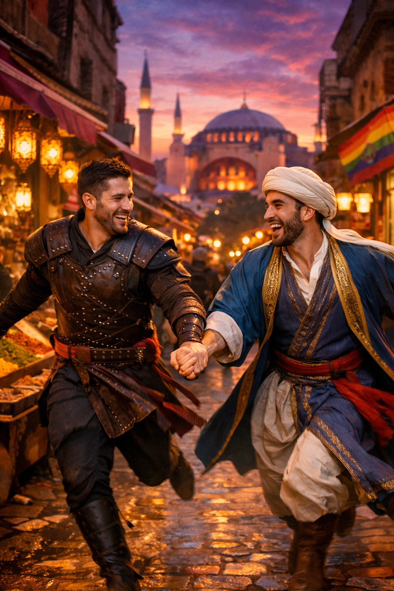 Two men holding hands and escaping through the streets of Old Istanbul in a gay adventure romance.