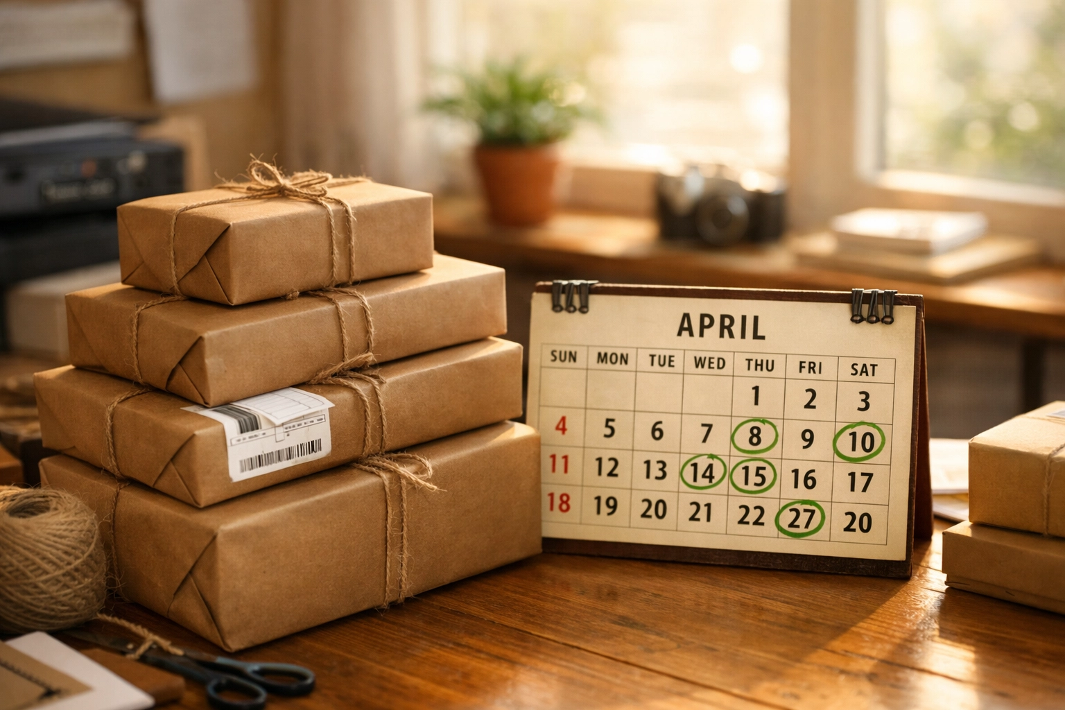 A sunlit home office shipping station with packages ready to be sent to eBay buyers.