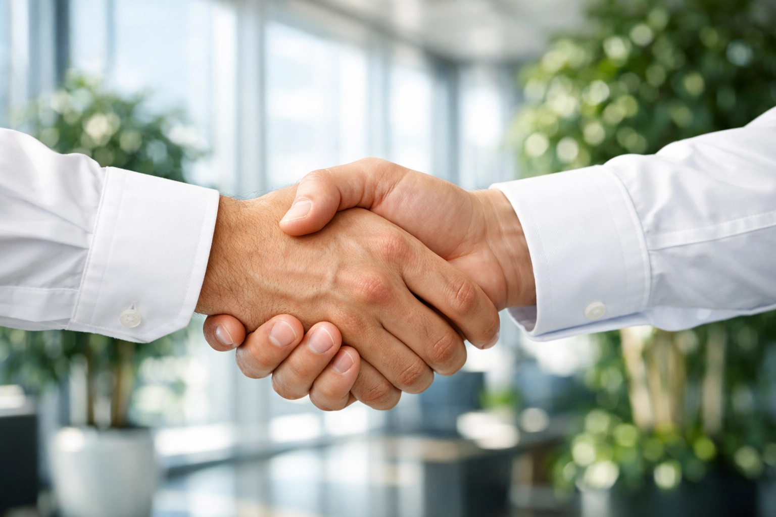 Close-up of a handshake after negotiating terms for selling an auto loan portfolio.