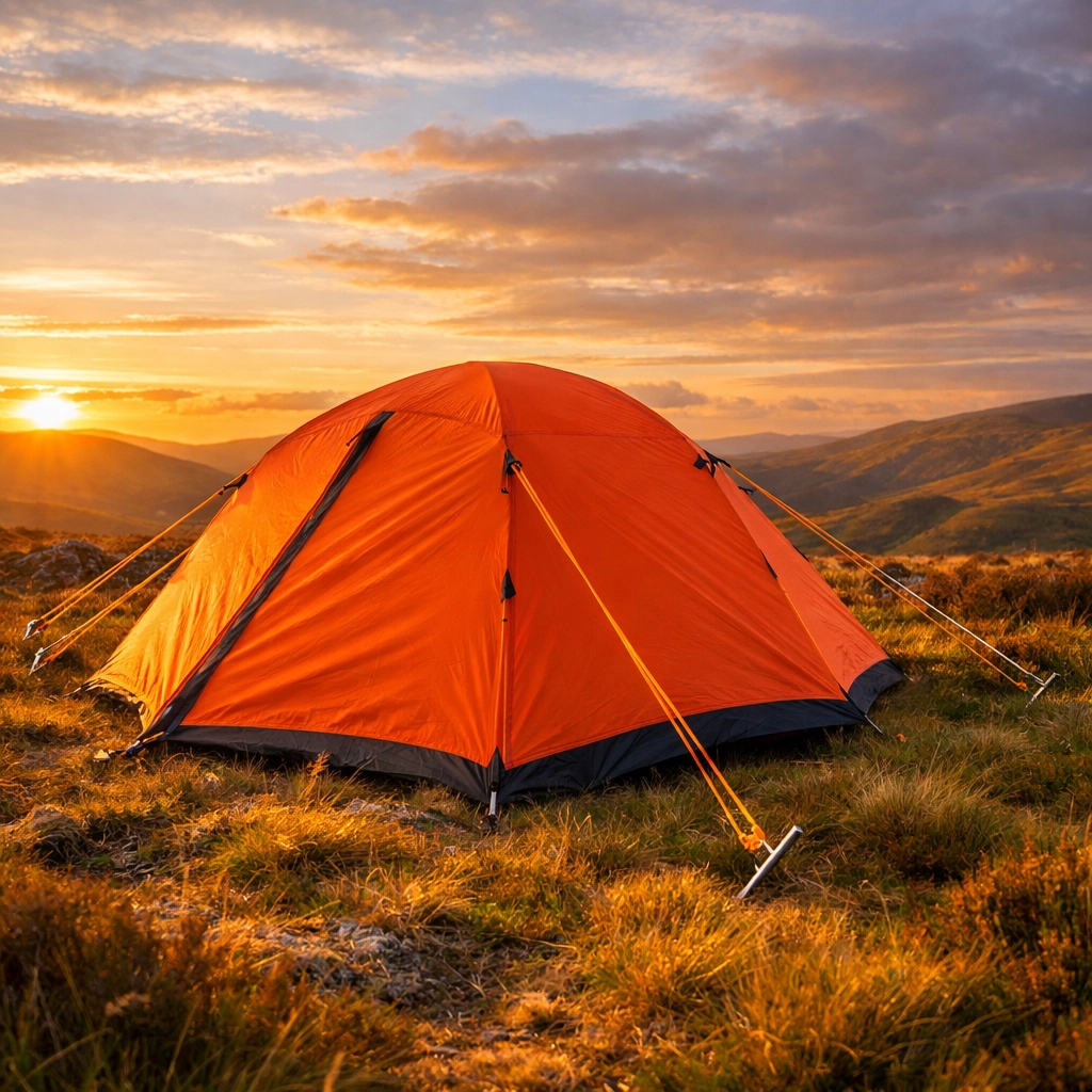 Properly secured tent pegged down on UK moorland for wild camping