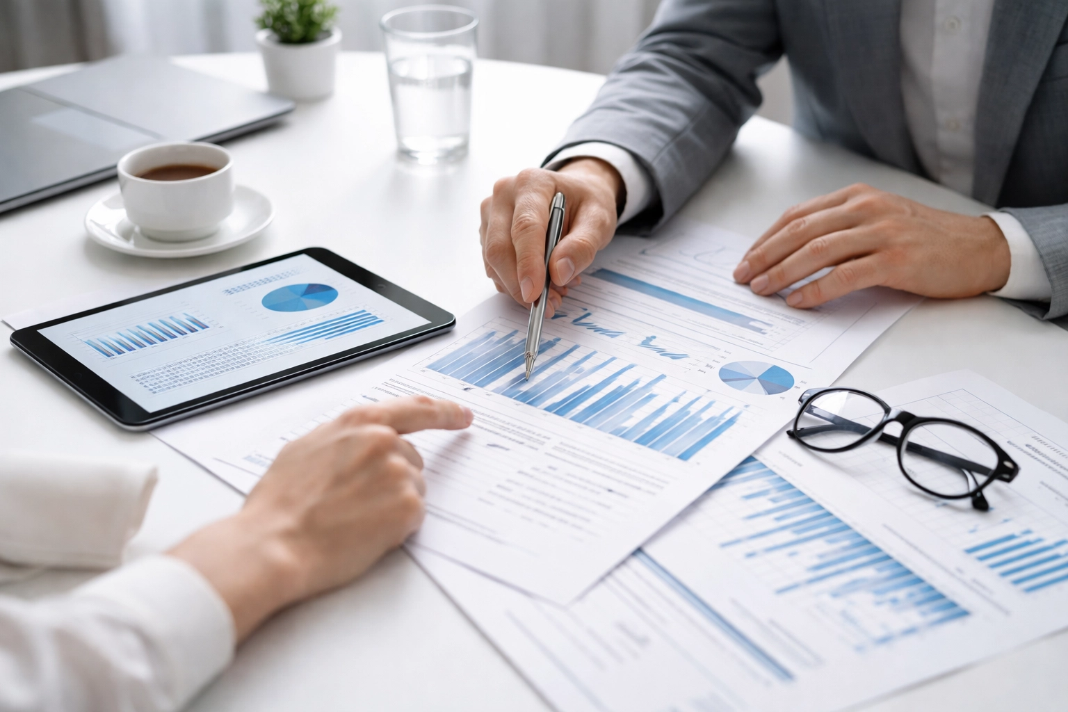Two professionals analyzing financial charts and documents for annual business entity review and planning