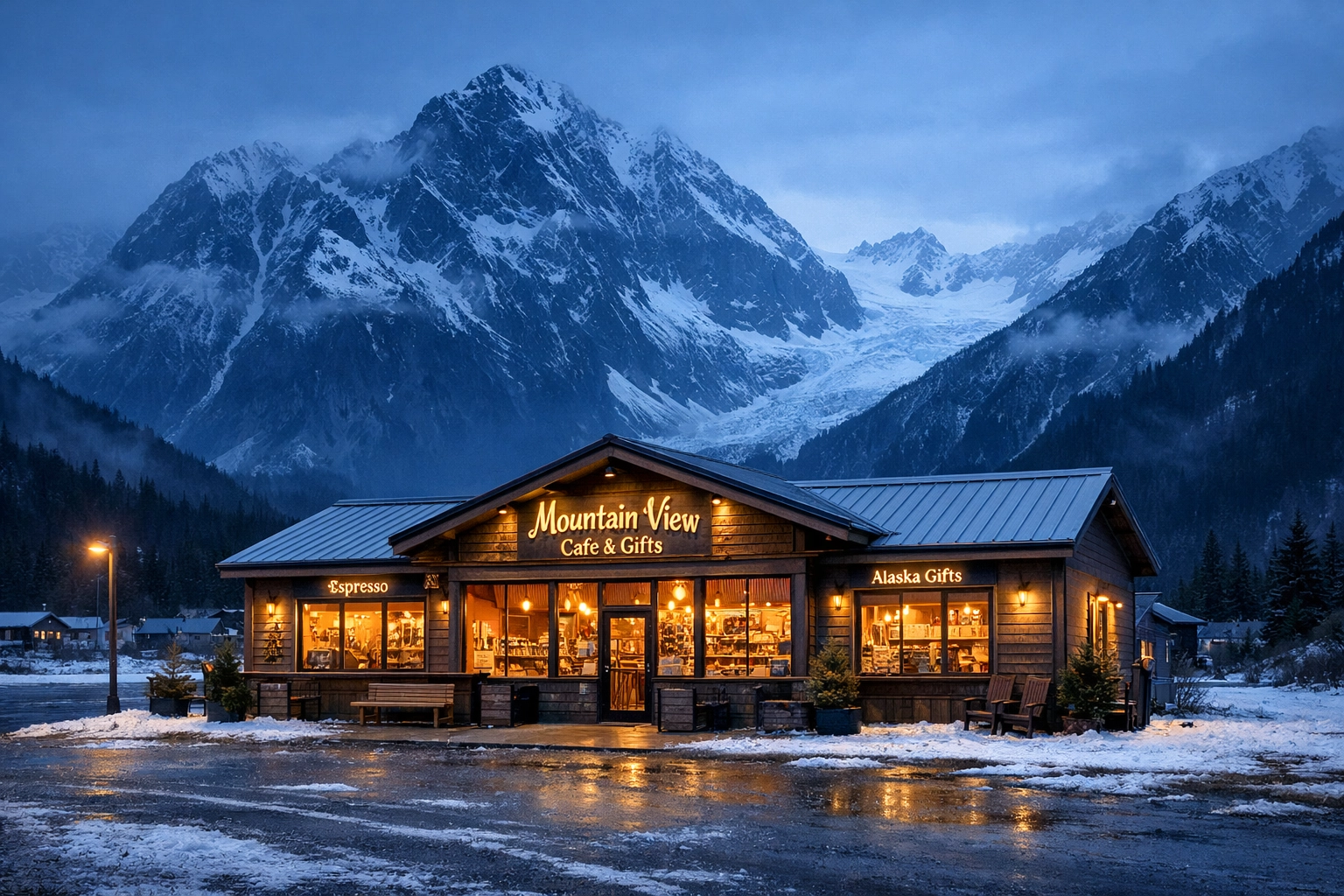 A small business storefront in the Alaska mountains, protected by essential business insurance.