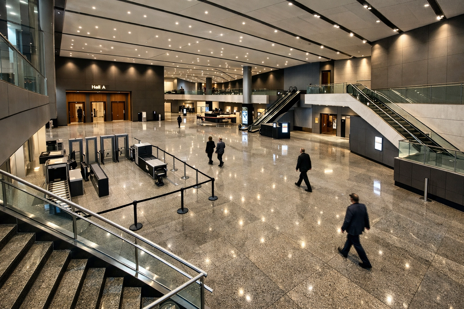 Spacious contemporary venue lobby requiring tiered security measures under Martyn's Law legislation.