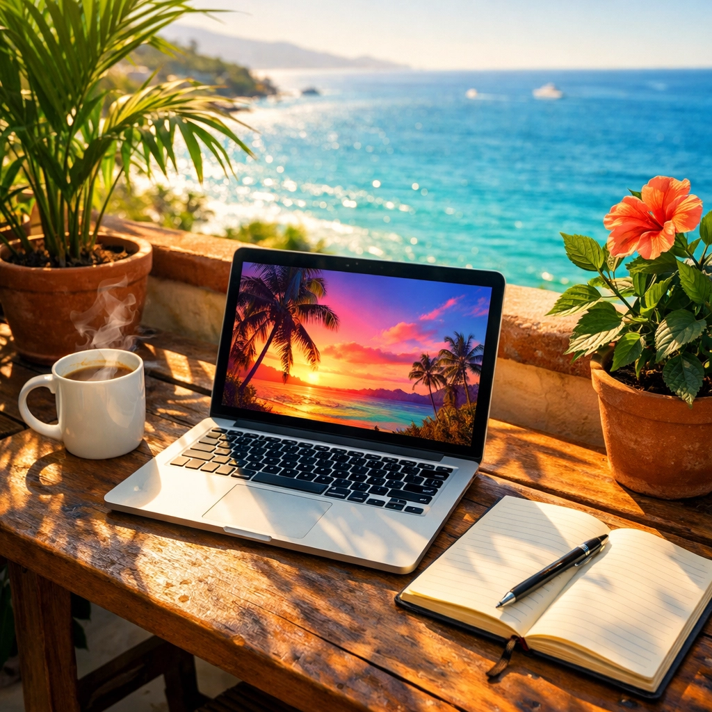 Digital nomad workspace with laptop and ocean view in Puerto Vallarta
