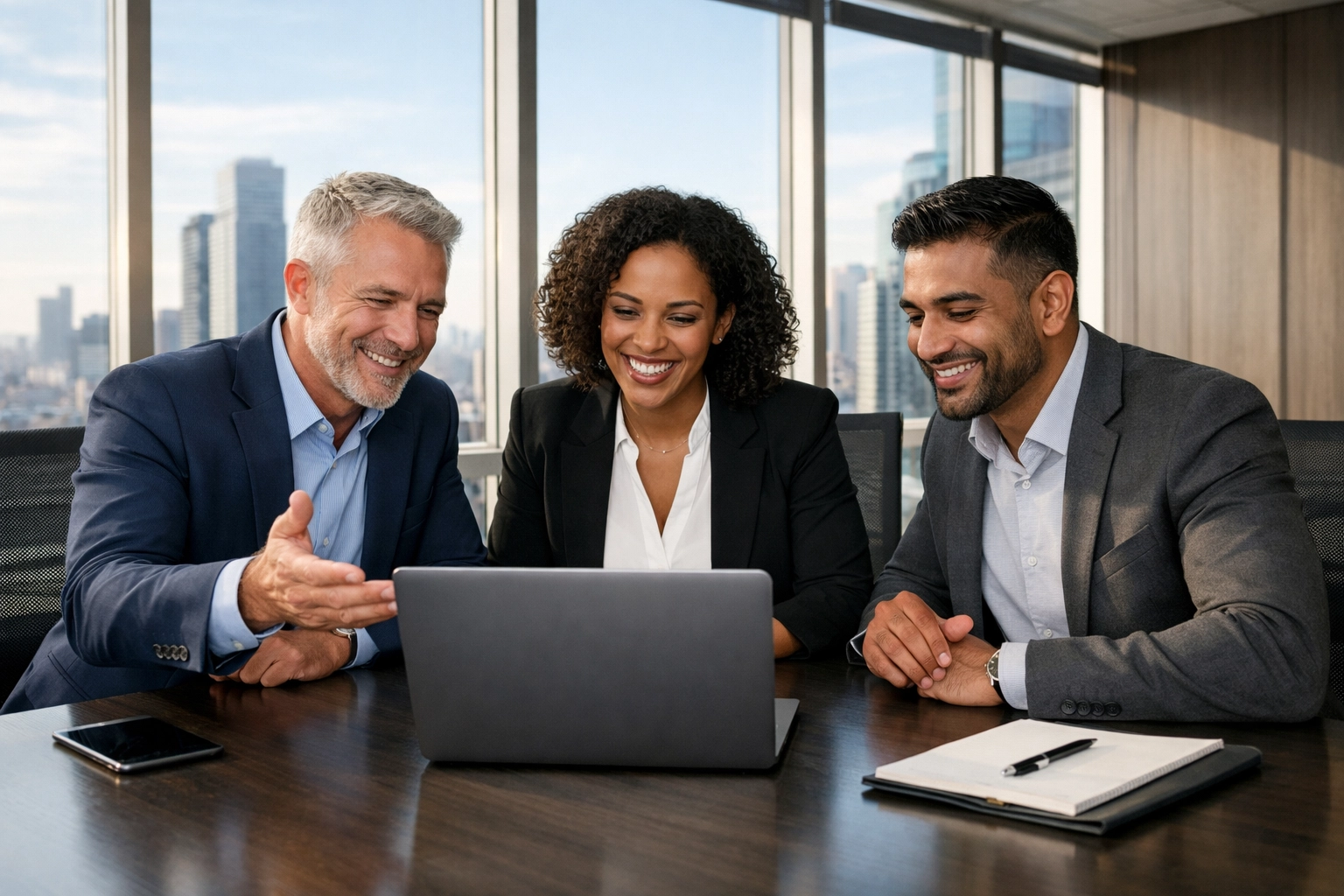 A professional IT team reviewing ServiceNow ROI benchmarks and predictive analytics results in a modern office.