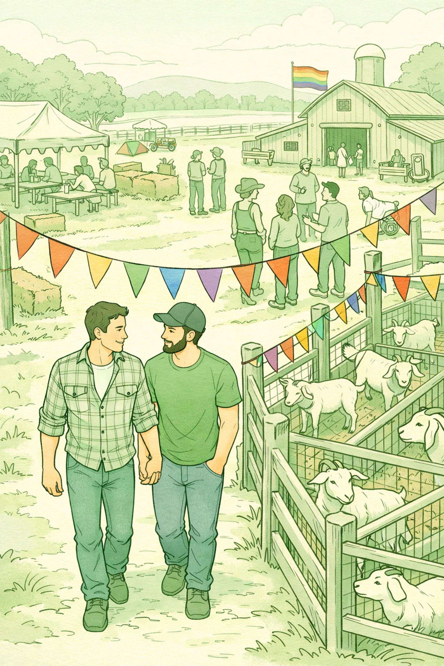 Rural pride celebration at goat farm sanctuary, gay community gathering with rainbow decorations