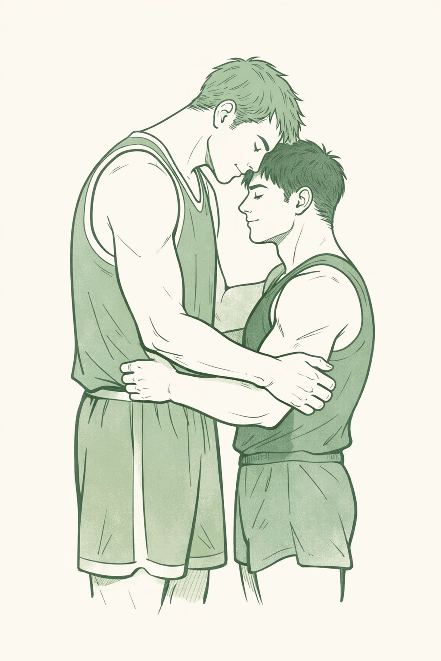 Tall basketball player embracing shorter gymnast showing height difference in MM romance
