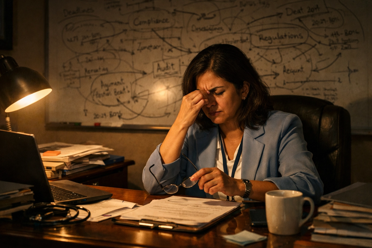 A tired healthcare administrator working late on 2027 CMS interoperability compliance timelines.