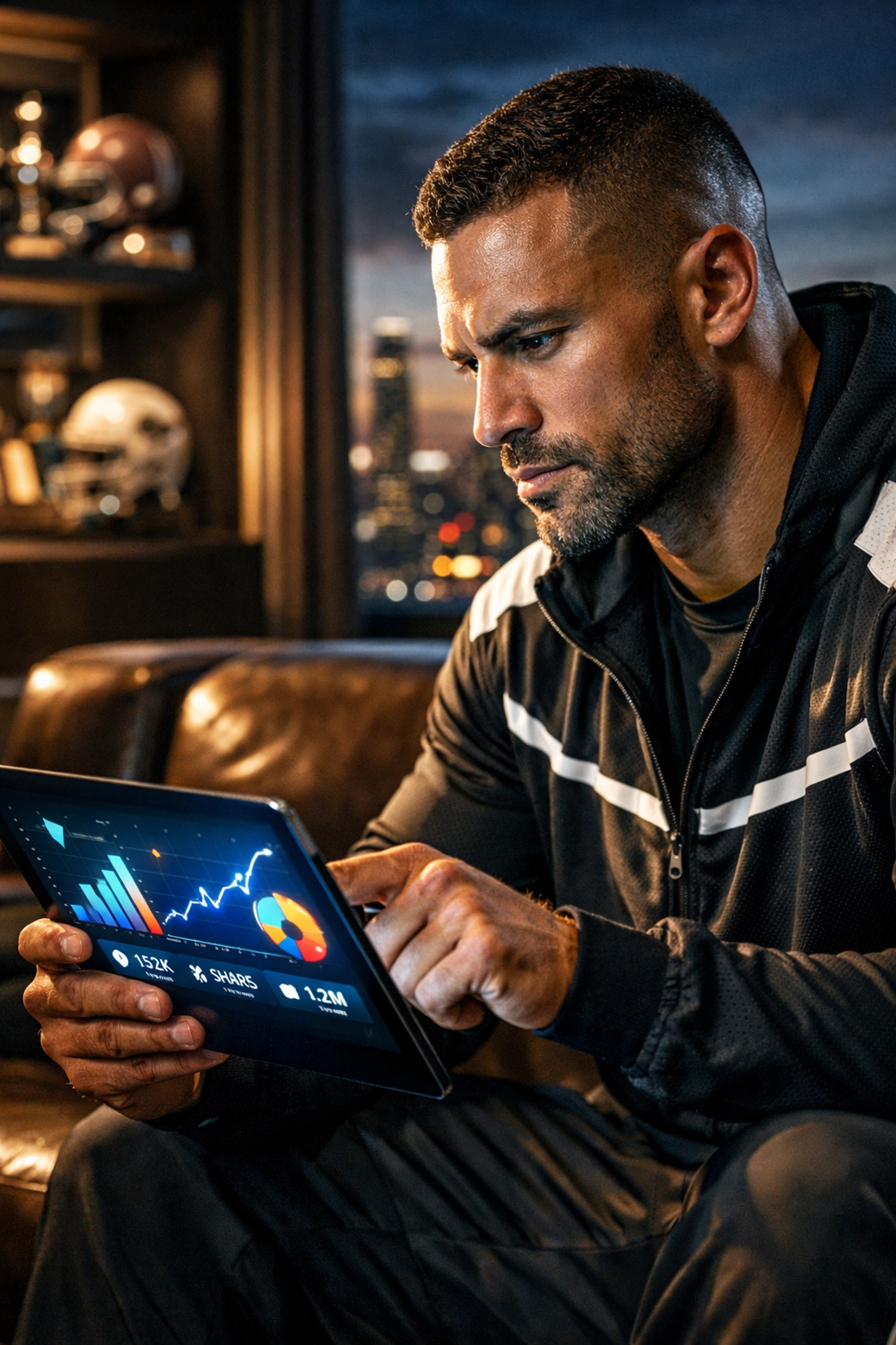 Professional athlete monitoring NIL branding analytics and social media engagement on a mobile tablet.