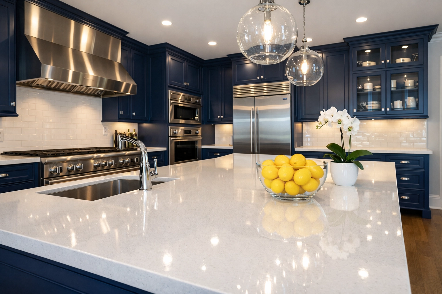 Deep cleaned gourmet kitchen in a Carlisle home with polished quartz and high-end appliances.