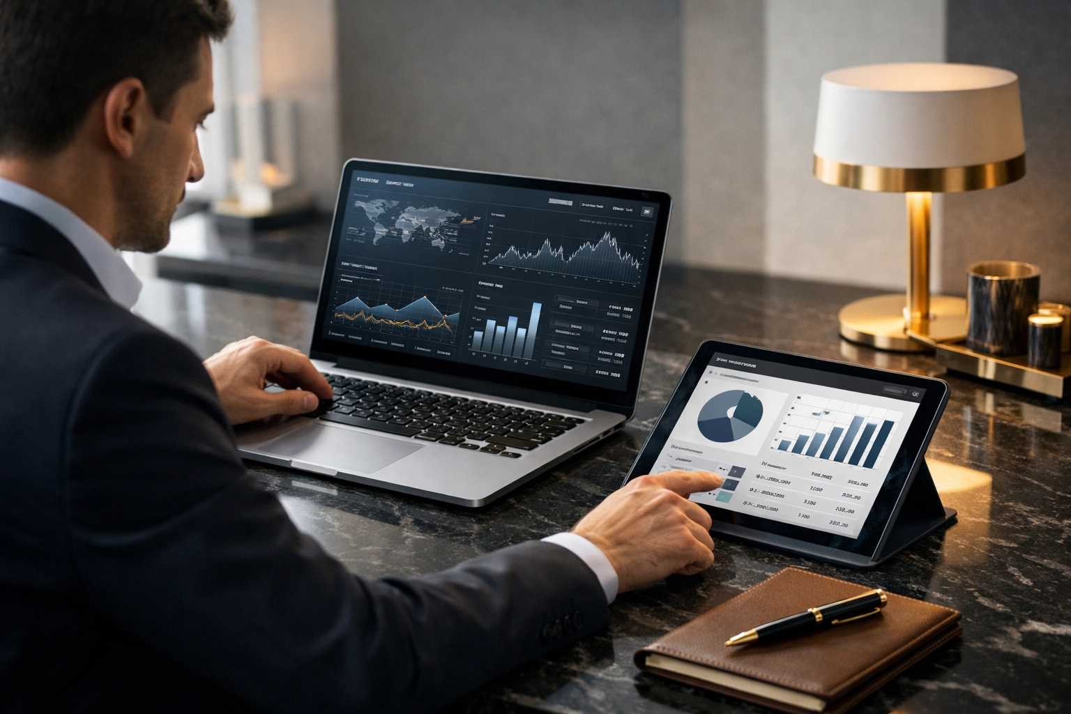 Professional virtual assistant using AdminiFy 360 tools to manage business data and AI agents at a modern desk.