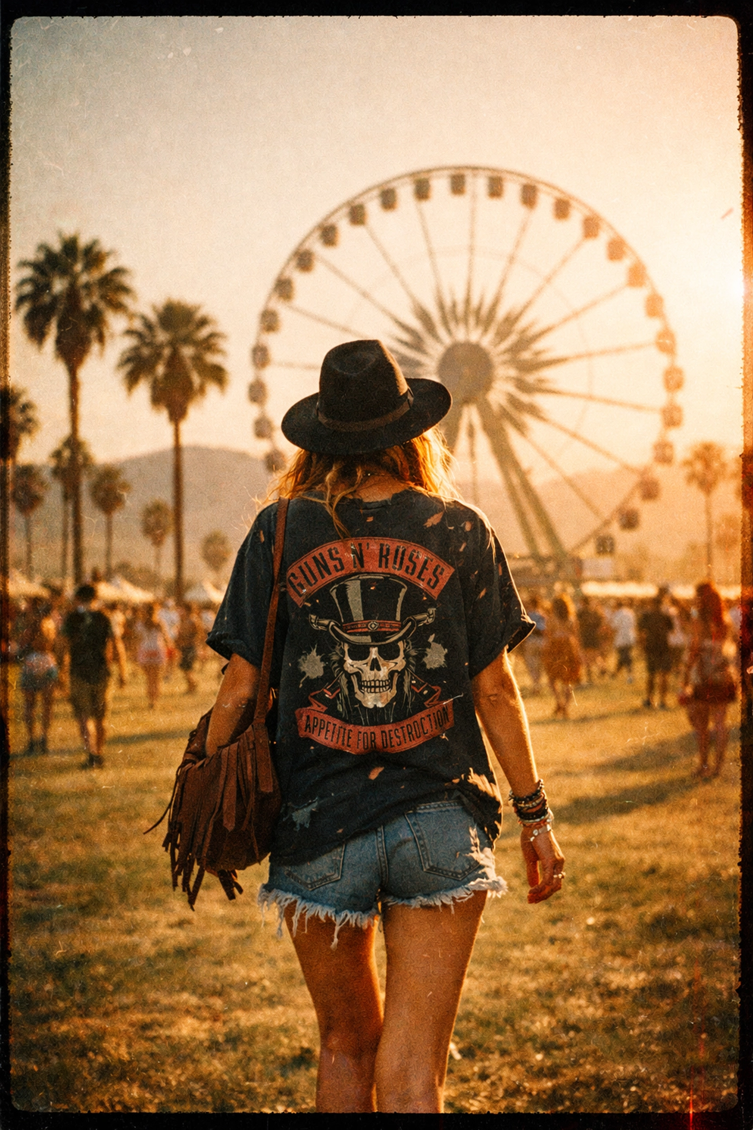 Fan wearing a vintage band t-shirt walking toward the iconic Coachella Ferris wheel in the desert.