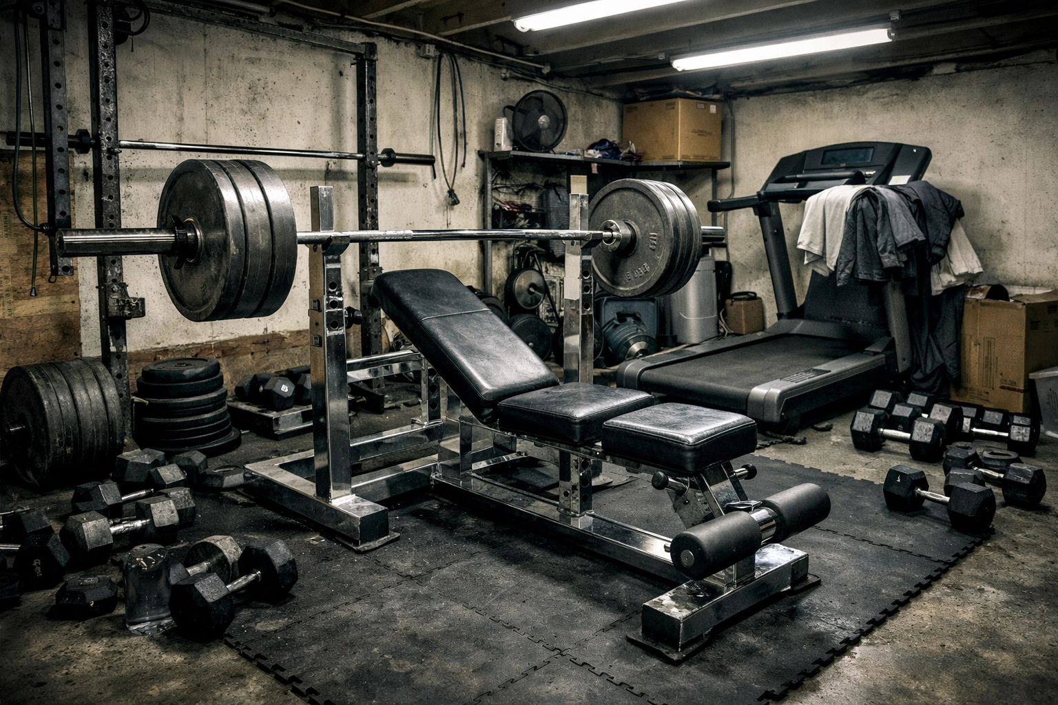 Cluttered traditional home gym with bulky weight bench, squat rack, and scattered equipment