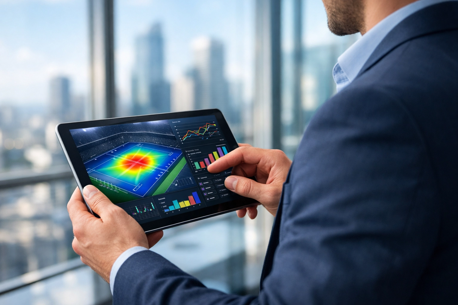 Business professional analyzing sports marketing data and ROI analytics for Super Bowl advertising.