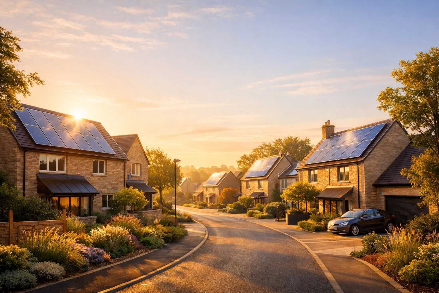 Sustainable street in South England with multiple homes using solar PV systems for independence.